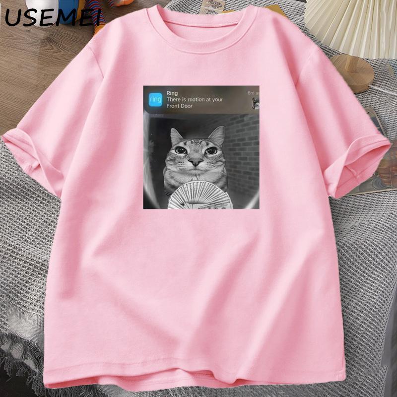 

There Is Motion At Your Front Door Funny Cat Meme T-shirts Parody Tees Casual Cotton Short Sleeves Printed Clothes M рожевий