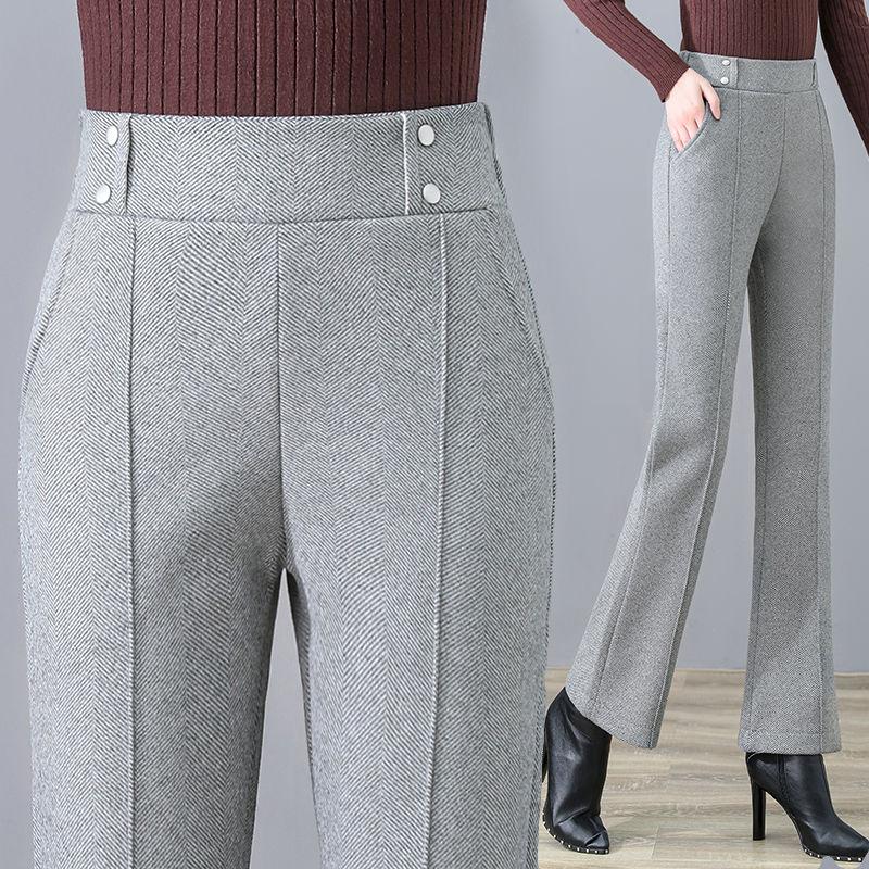 Spring Autumn Women Woolen Pants Women High Waisted Casual Straight Flare Pants Slim Lady