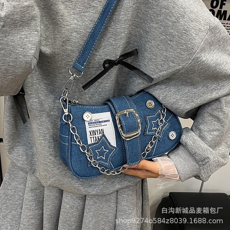 2025 New Vintage American Trend Star Shoulder Underarm Bag Fashion Denim Chain Bag Canvas Crescent Bag