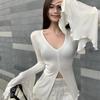 Women's V-Neck Bell Sleeve Slim Fit Slit Top - Autumn Versatile Design