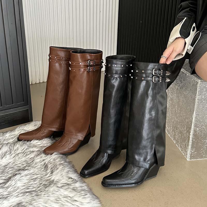 Design American Spice Girl Vintage Riveted Knight Boots Skinny Boots Pile Boots Long Boots Small Women's Boots Pants Boots