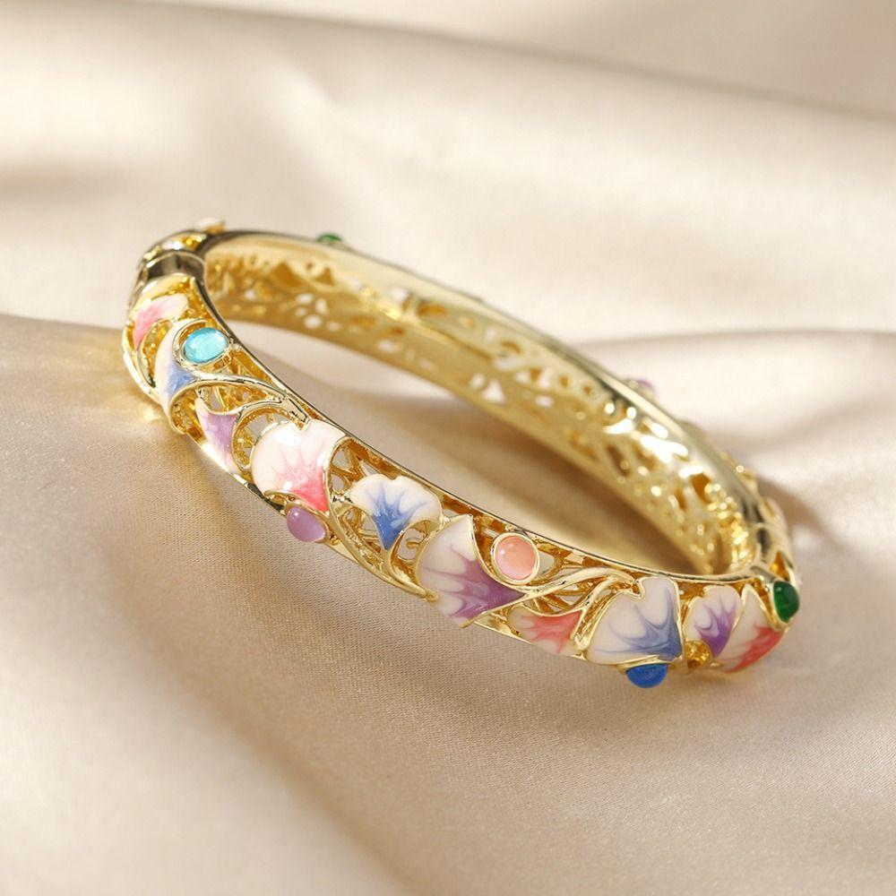 Double Bangle Vintage Cloisonne Bangle Enamel Women's Hand Bracelet Ginkgo Leaf Bracelets  Girls