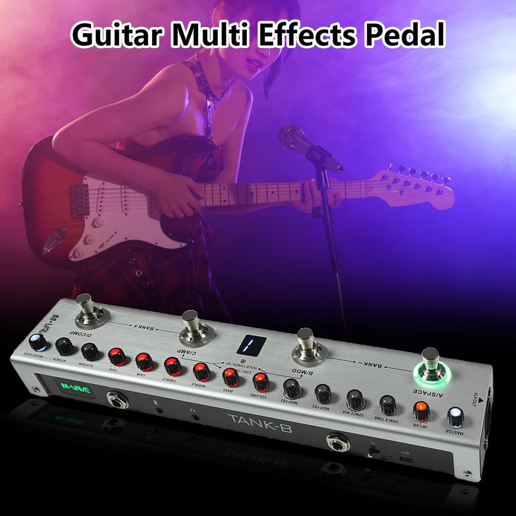 WOYUE Bass Multi-Effect Pedal 3-Band Equalizer XLR Balanced Output 3 Delays 3 Reverbs Bluetooth Type-C Rechargeable Electric Bass