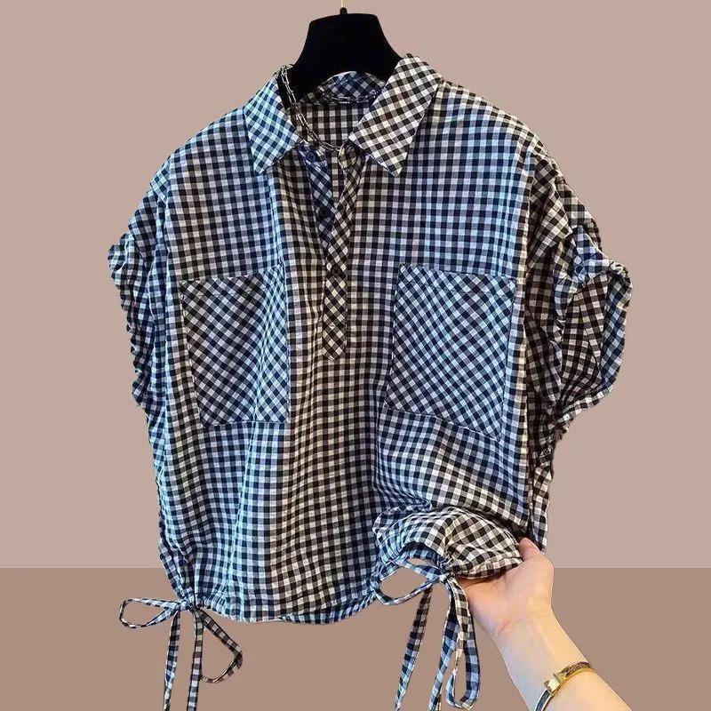 

Summer New Style Plaid Loose Lapel Women s Shirt Double Pocket Drawstring Bat Sleeve Plaid Short-sleeved Fashion Shirt XL чёрный