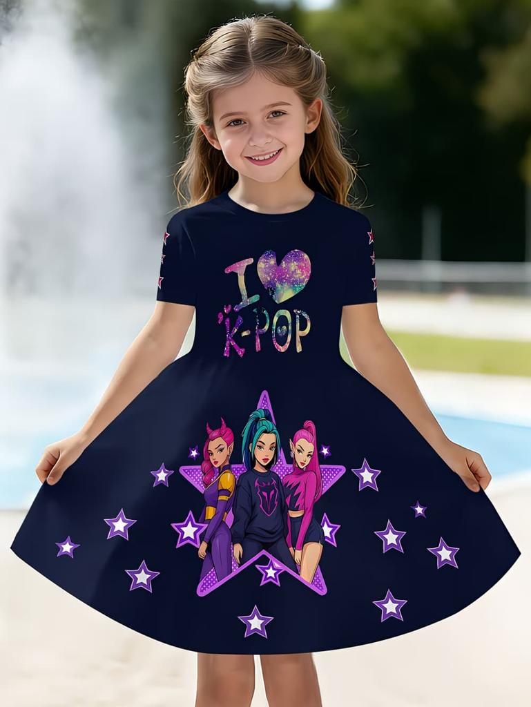 Kpop Cartoon Grafikkleid für Mädchen Lustiges Geschenk für Fans Harajuku Mädchen Kleidung Sommer Oberteile Kurzarmkleid Kinderkleidung