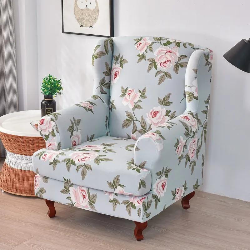 Stretch Print Wing Chair Cover Spandex Elastic Armchair Covers Europe Wingback Relax Sofa Slipcovers with Seat Cushion Cover