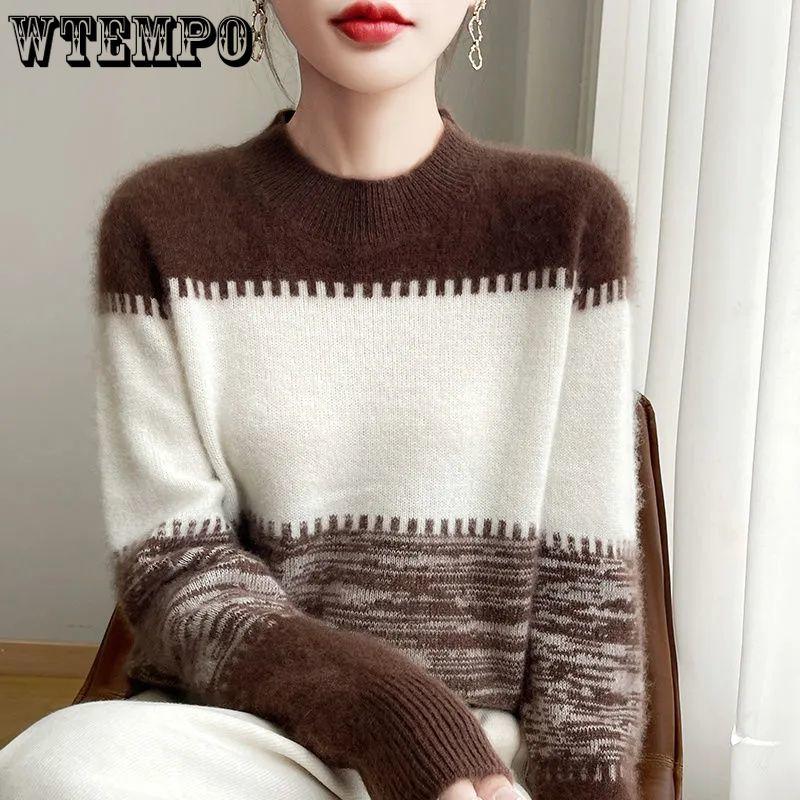 Half Turtleneck Sweater Women Loose Color-blocked Knitted Sweater for Women Long-sleeved Casual and Stylish Pullover for Autumn and Winter
