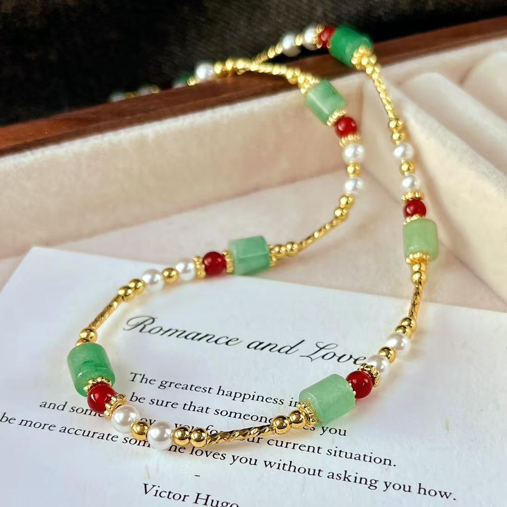 Retro High Quality Strong High Gloss Imitation Pearl Natural Chalcedony Dongling Jade Necklace Collarbone Chain Sweater Chain