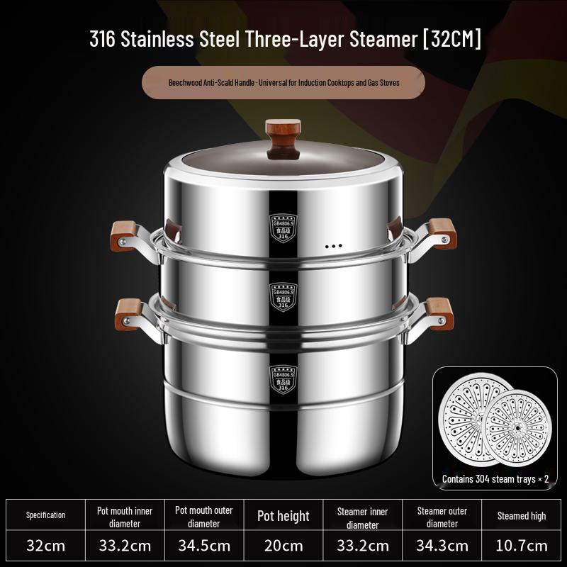 Visible Lid 316L Stainless Steel Steamer Pot with Extra Thick Anti-scalding Design and Double Three-Layer Steaming Basket