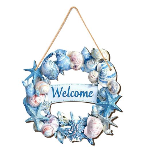 Indoor Outdoor Hanging Plaque Summer Coastal Wooden Wreath, Ocean Welcome Sign, Starfish Shell Nautical Handmade Sign Front Door Hanger for