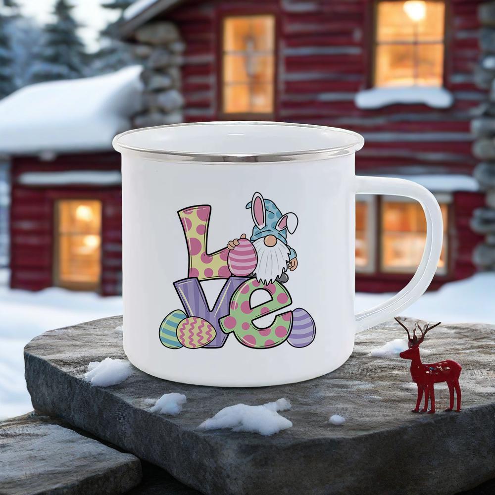 Cute Rabbit Pattern Breakfast Cups Soft Charming Color Milk Cola Mug For Camping Hiking Safe Durable UseHappy Easter Enamel Mug