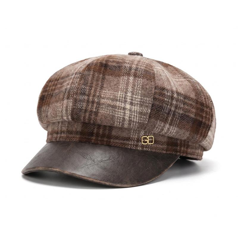 Plaid British Style Retro Octagonal Hat Female Autumn and Winter Student Versatile Face Little Painter Hat Temperament Beret Newsboy Hat