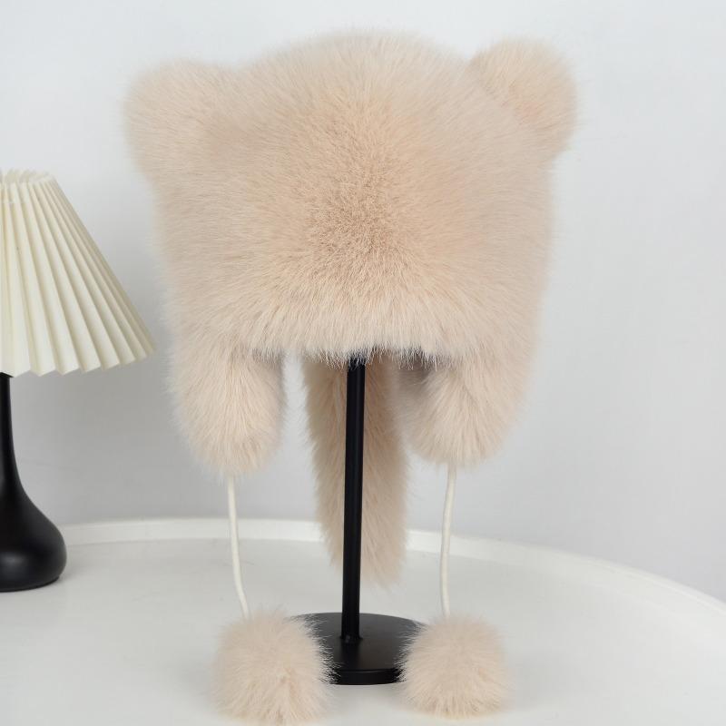 Thickened Winter Hats for Women Keep Warm Cute Faux Fur Raccoon Tail Plush Hat Hat Winter Warm Brim Cap with Tail Cute Cat Ears Fur Bomber Hats