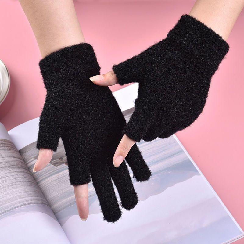 1Pair Black Gray Men & Women Winter Warm Fingerless Gloves For Writing And Touch Screen Use Casual Outings Riding Gloves