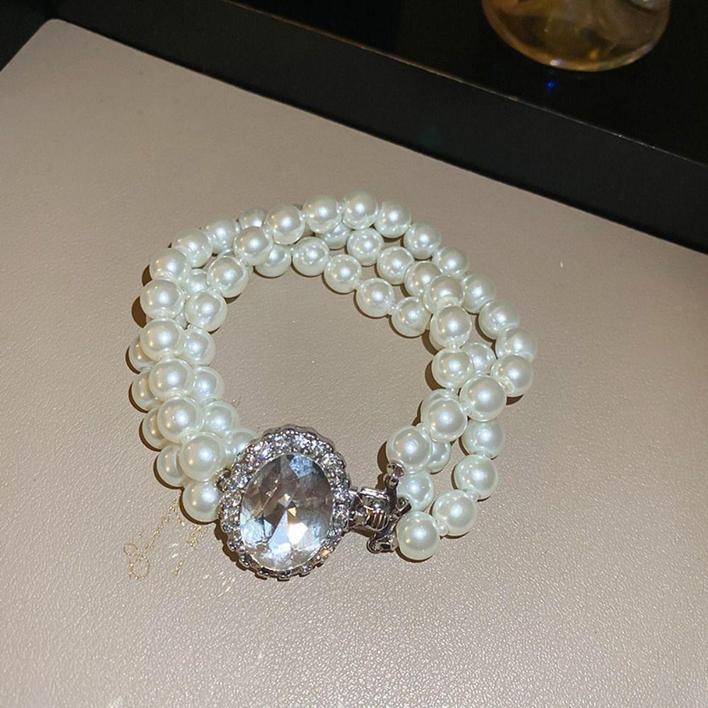 Chain Crystal Clavicle Chain Hand Ring Flower Bracelet Three Layer Pearl Necklace  Birthday Gift