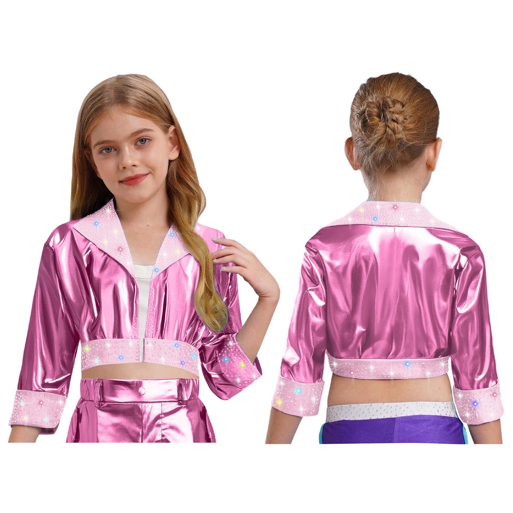 Kinder Bühnenauftritt Jacke Mädchen Jazz Dance Oberbekleidung Glänzende Strasssteine mit Reverskragen