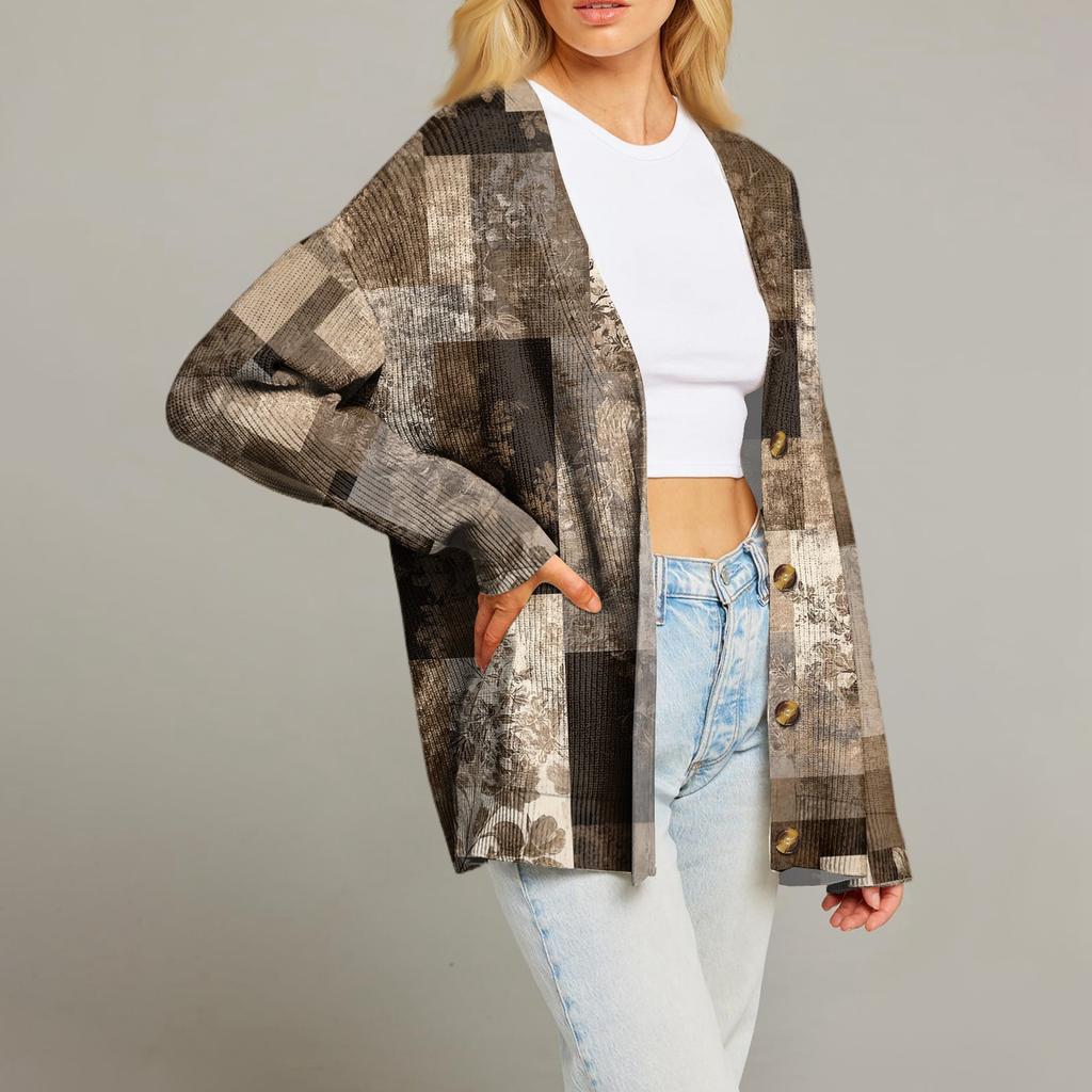 Women's Fashion Long Sleeve Print V-Neck Button Loose Cardigan Top