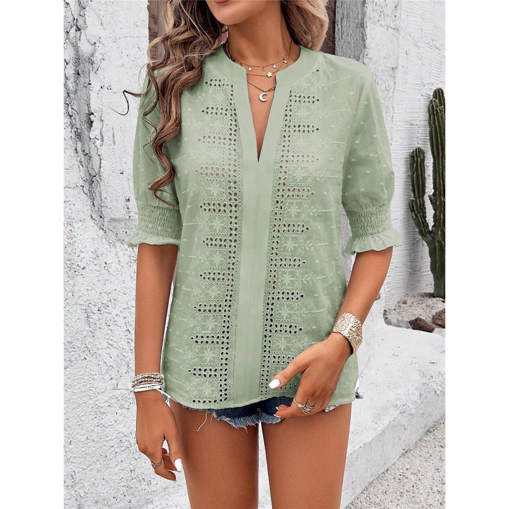 Women's Summer T-shirt Solid Color V-neck Puff Sleeve Hollow T-shirt