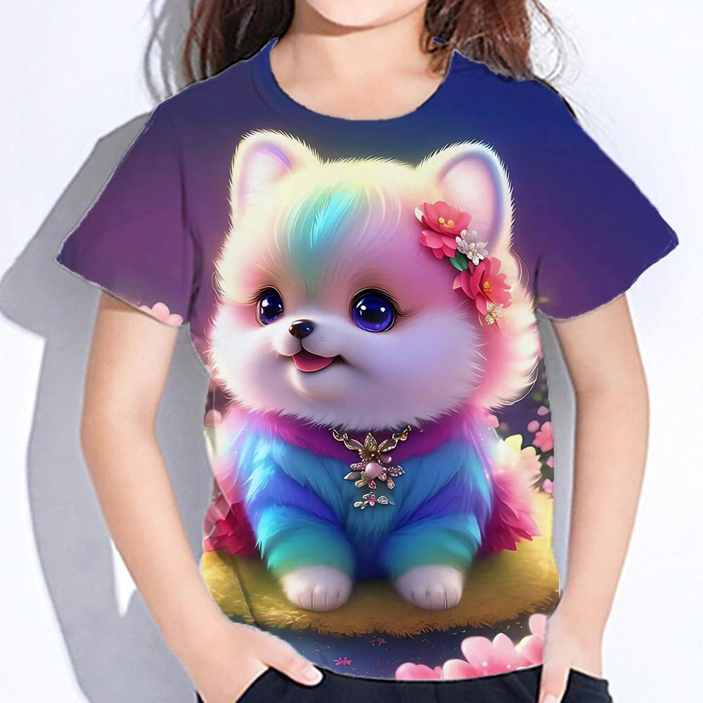 Toppar för barn Kortärmade sommarkatt T-shirts Flicka Barnkläder 3d-tryck T-shirts Koreanska Kawaii T-shirts Från 10-14 år