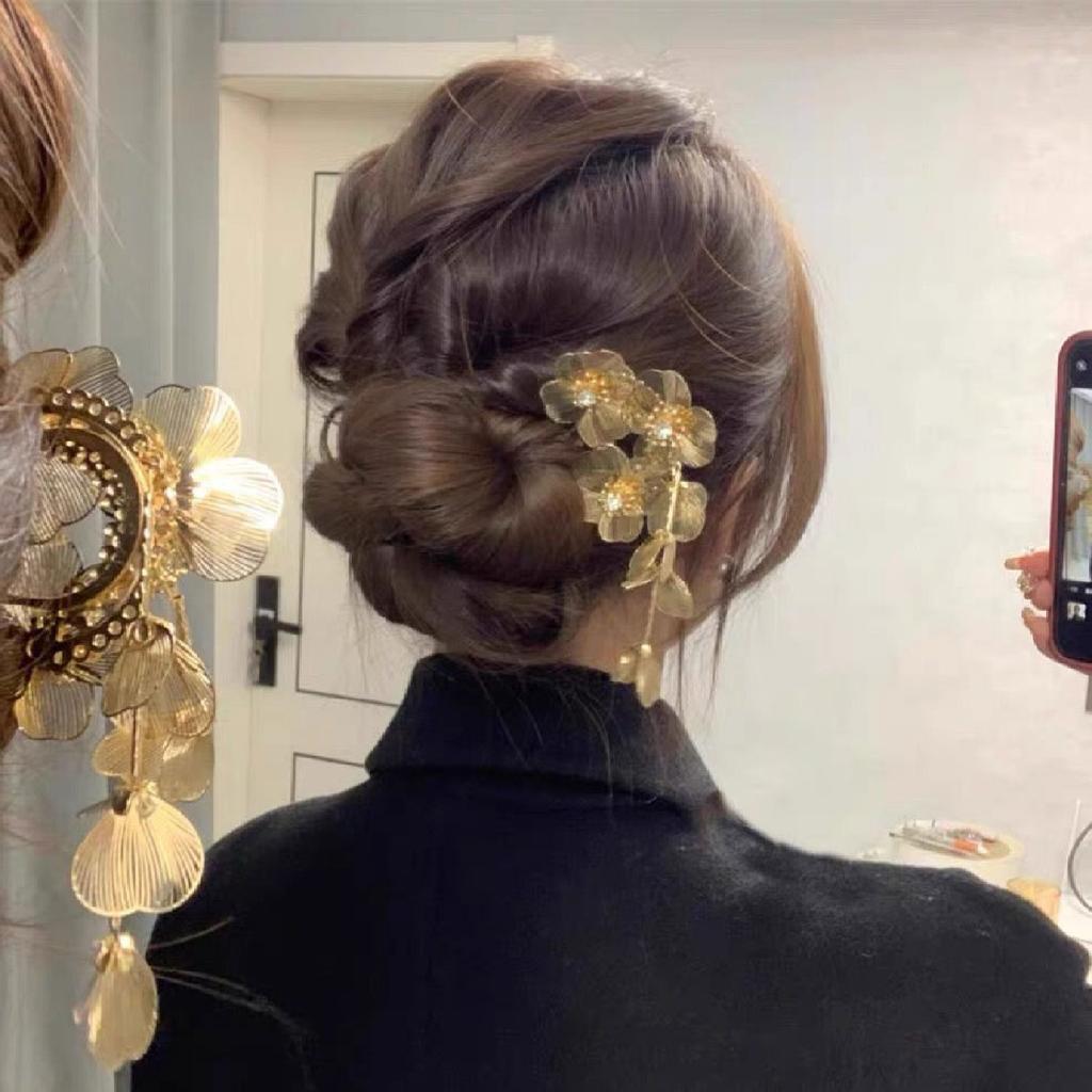 1PC New Chinese, Golden, Flower, Tassel, Hairpin, U-Shape Rhinestones, Chinese Style, Premium Feeling, Super Fairy, Hairpin, Tem