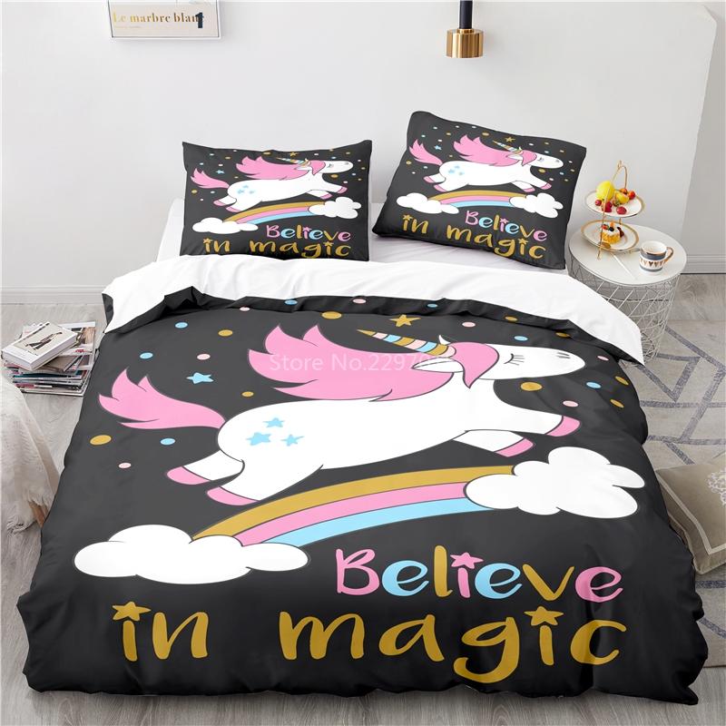 Cute Unicorn Pattern 3d Bedding Set Bed Linen 2/3pcs Blue Duvet Cover Set with Pillowcase Twin Full Queen King Size Home Textile