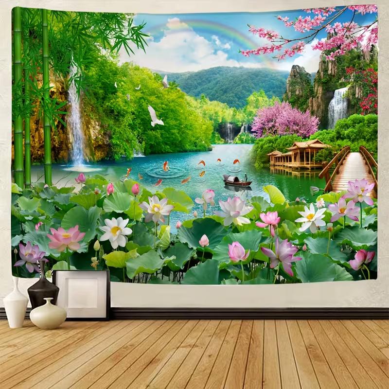 2D Natur Fluss Wandteppich Lotus Wasserfall Berg Hintergrundtuch für Zuhause