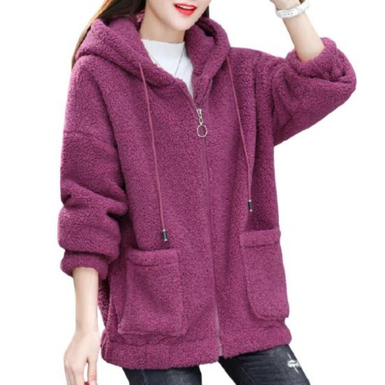 Winter Women Fleece Hoodie Windproof Thick Outerwear Cardigan Jacket with Drawstring Hood Full Sleeves Zipper Closure