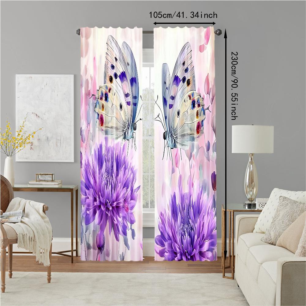 Flower Butterfly Digital Printed Window Curtains Polyester Material Suitable Living Room Kitchen Bedroom Study Dining Set Of 2 Made Great Decor