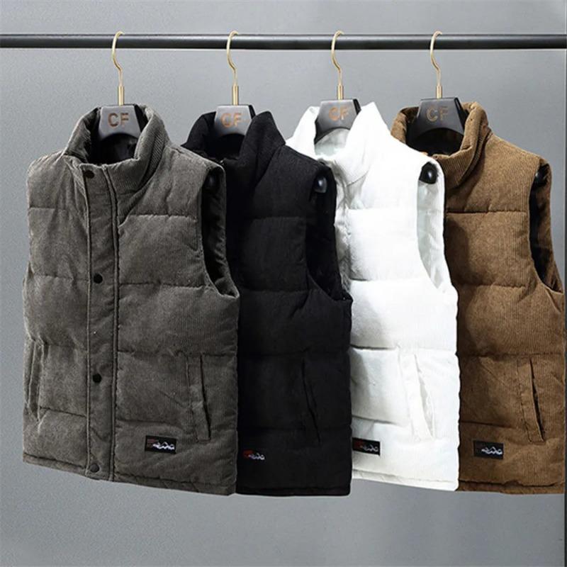 New Vest Jacket Men's Autumn Winter Warm Sleeveless Coat Stand Collar Padded Waistcoat Corduroy Work Wear Male Clothes 5XL