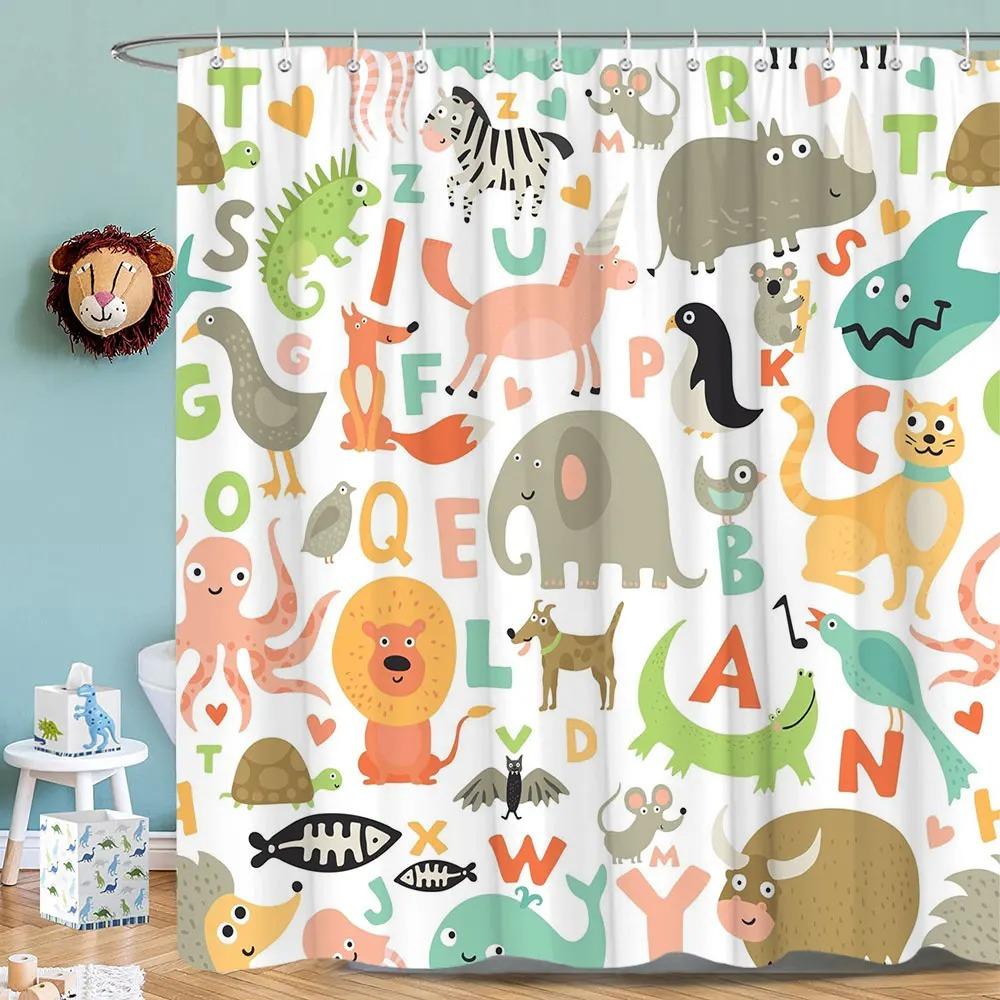Kids Alphabet Shower Curtains For Bathroom Decor Abc Educational Learning Tool Baby Cartoon Animals Colorful Girls Boys Printed