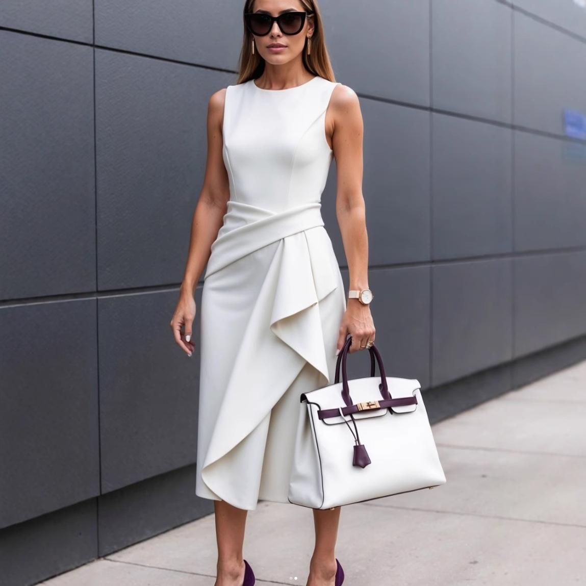 Women Sleeveless Midi Dress Elegant Asymmetric Hem Cocktail Party Dress S белый