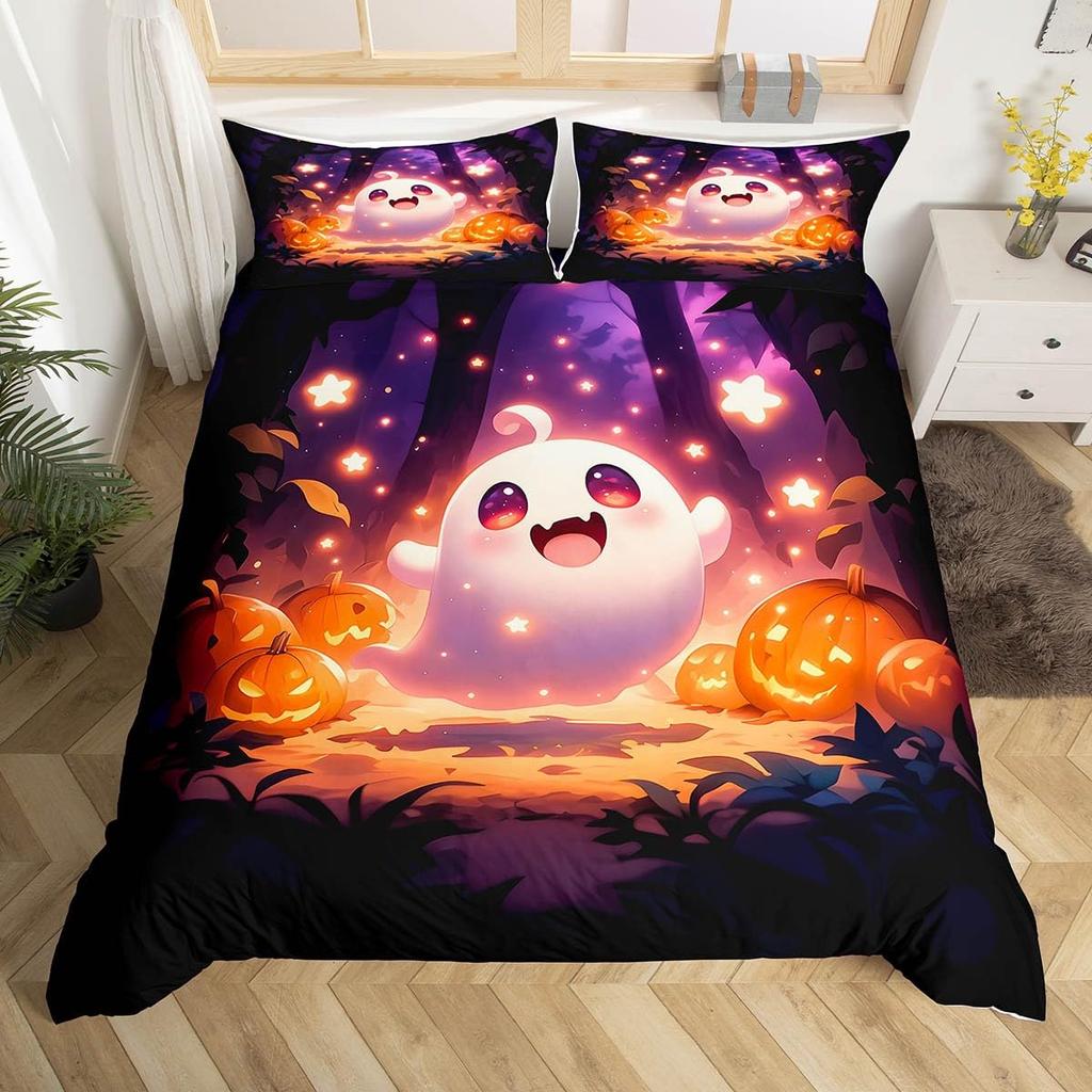 Cute Ghost Duvet Cover Twin King Halloween Bedding Set For Kids Girl Microfiber Horror Theme Comforter Cover With 2 Pillowcases