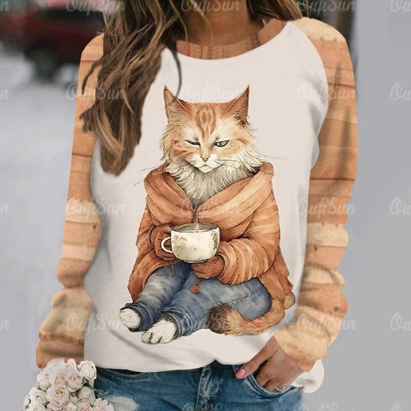 Mode Kawaii Katt Djur Tryck Långärmade T-shirts För Kvinnor Sweatshirts Dam Söt O-Hals Pullover Kvinna T-shirts Topp Kläder