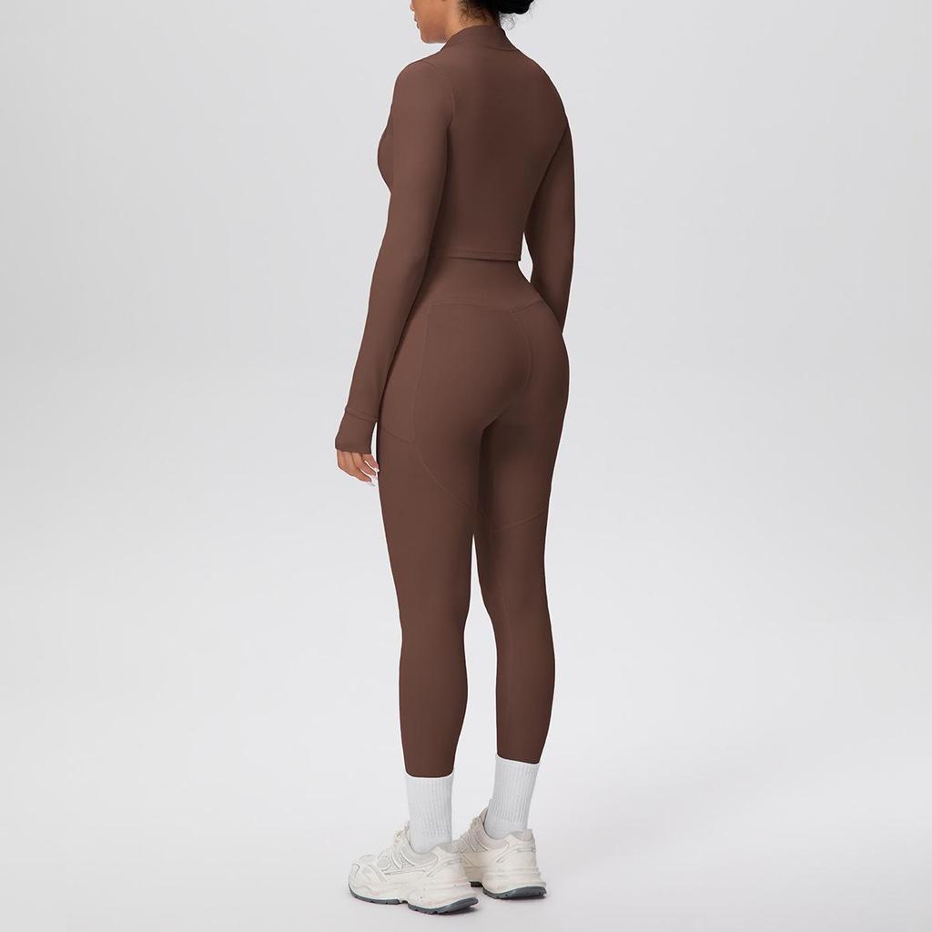 Zipper Crop Top Jacket & High-Waist Butt-Lifting Pocketed Pants Sports Set - Perfect for Yoga, Running, & Casual Fitness.