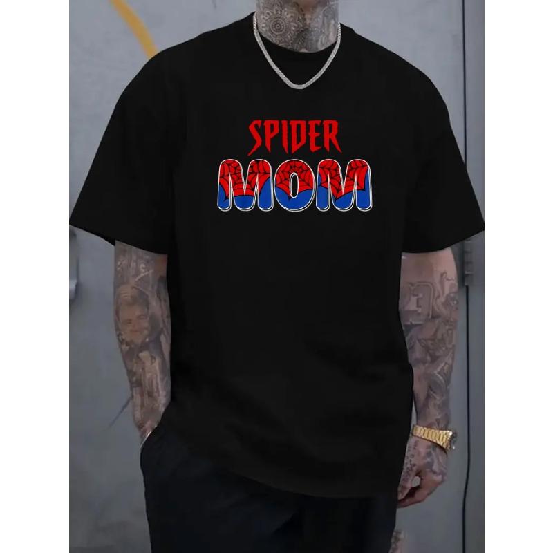 

European sizes Men S Casual Summer T-Shirt - Spider Mom Graphic, Short Sleeve, Round Neck, Knit Fabric, Outdoor Activity Wear S чёрный