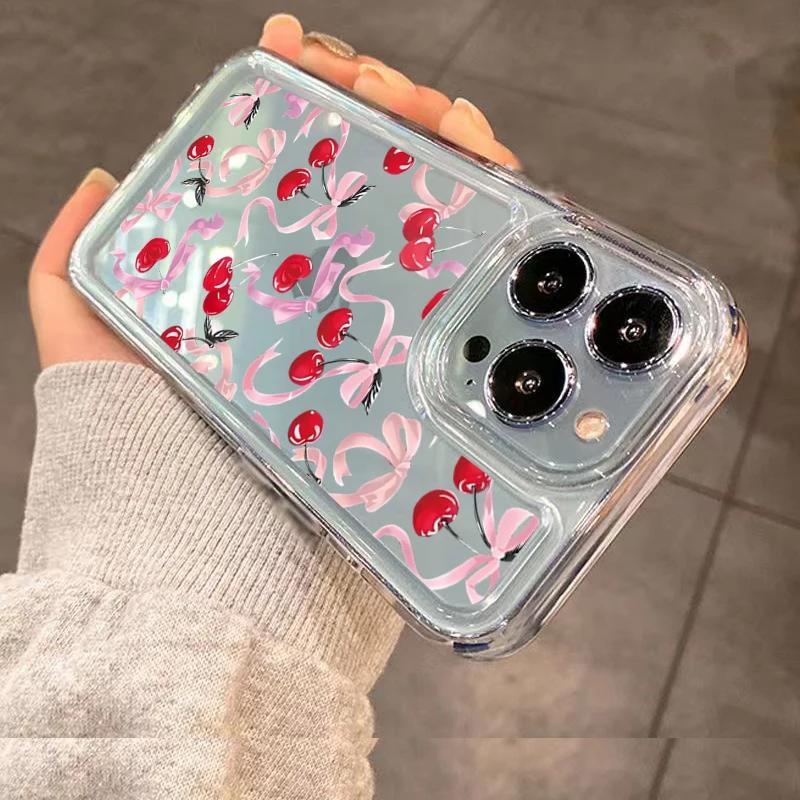 For Soft Clear Phone Case For iPhone 15 Cases iPhone 14 13 12 11 Pro Max XS X XR 7 8 15 14 Plus SE 2020 Cherry Bowknot Pattern Cover
