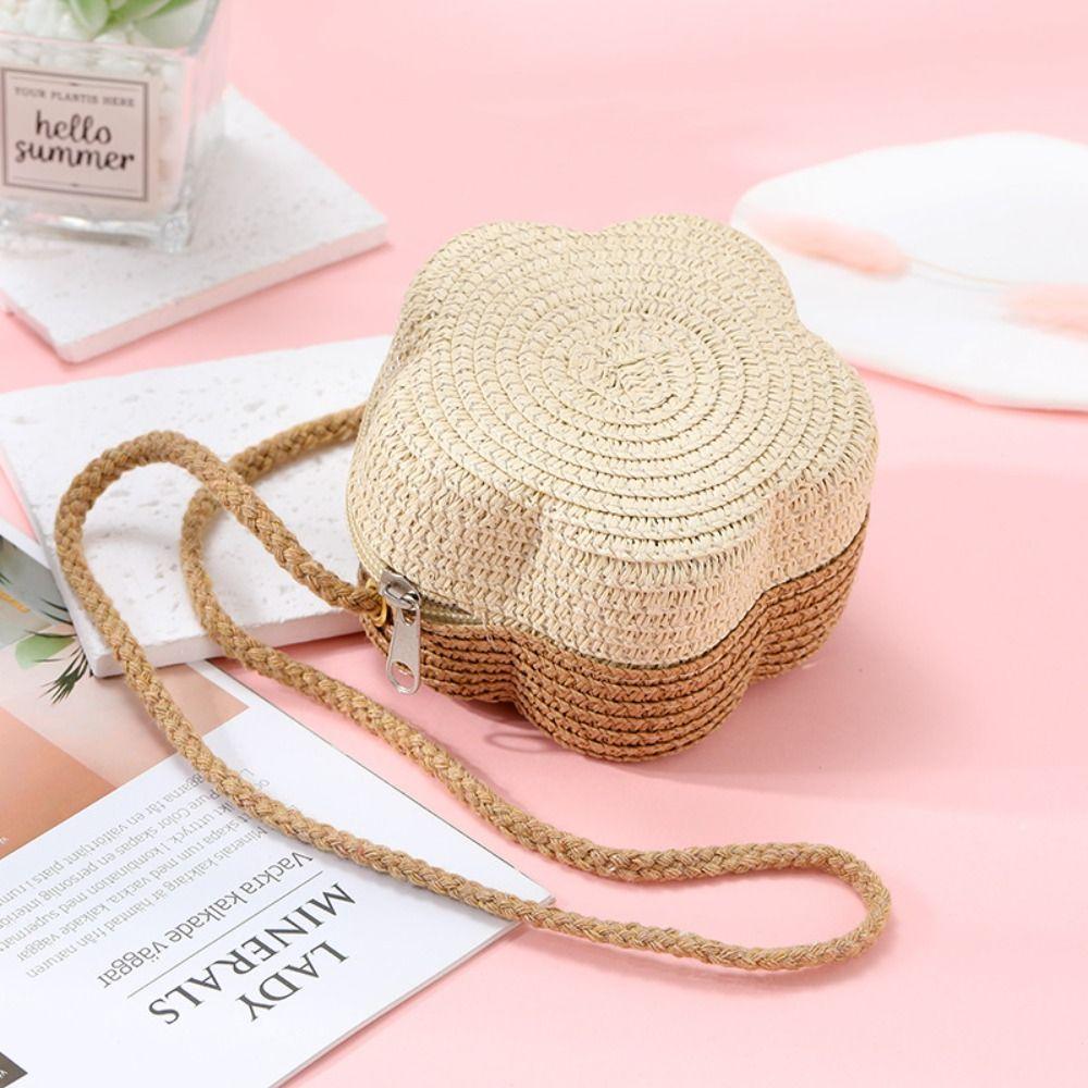 Módní květinová tkaná crossbody taška pro děti, slaměné tašky přes rameno, dvoubarevná plážová taška, peněženka na mince, taška ve tvaru klobouku