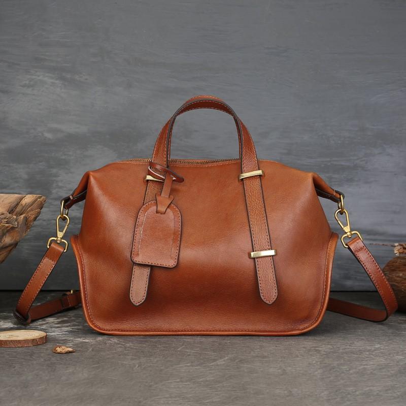 Johnature Vintage Einfarbig Echtleder Handtasche Große Kapazität Boston Damentasche Lässige Schultertaschen