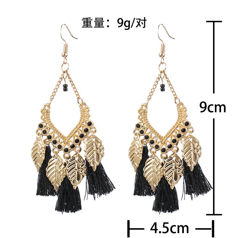 Ethnic Fan-shaped Tassel Dangle Earrings For Women Bohemian Gold Color Leaf Silk Fabric Drop Earring Female Party Jewelry