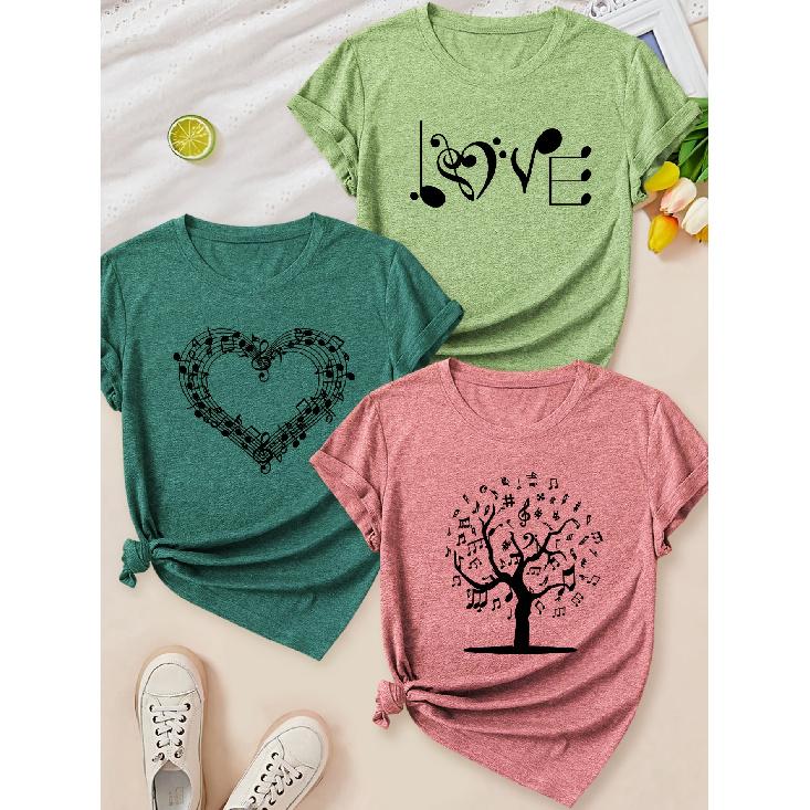 3 Pack Women Round Neck Short Sleeve Tees LOVE Note Musical Note Heart Music Tree Print Elegant All Season Gift Tops S