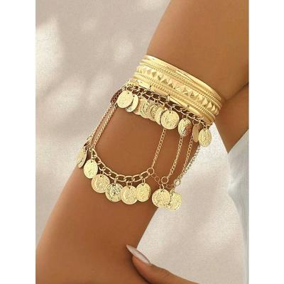 Boho Exaggerated Coin Tassel Wide Arm Cuff - Vintage Jewelry Body Accessory