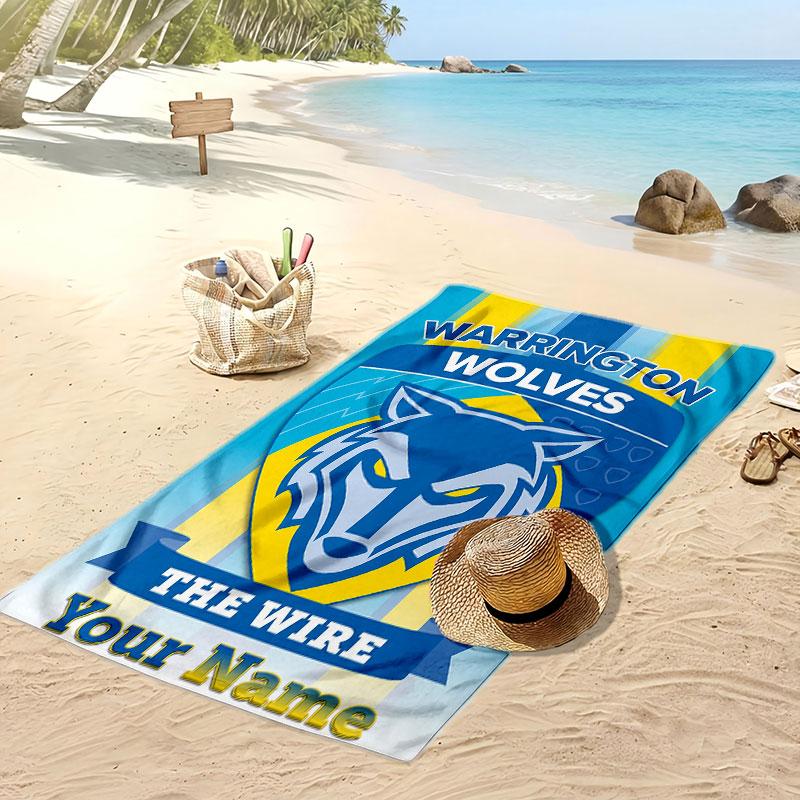 Warrington Wolves FC Personalized Printed Beach Towel Soccer Logo Support Custom Name Text Absorbent Towel For Sport Travel Special Gift