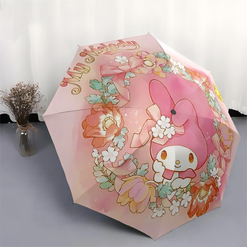 1pc My Melody Floral Wreath Automatic Folding Umbrella - Portable 3-Fold Design with Iron Frame, Perfect for Outdoor Use, Festive Gifts, Travel, Daily