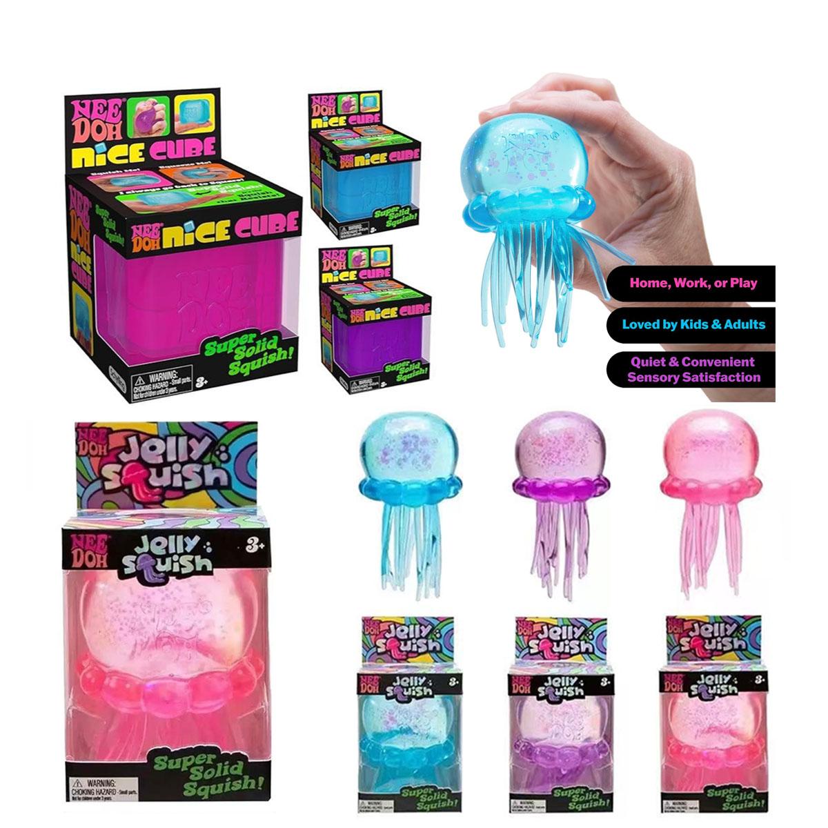 Activating Toys Trending Nee Doh Jellyfish & Cube Squish Toy, Soft Jelly Squeeze Stress Relief Fidget Toy, Sensory Needoh For Kids & Adults