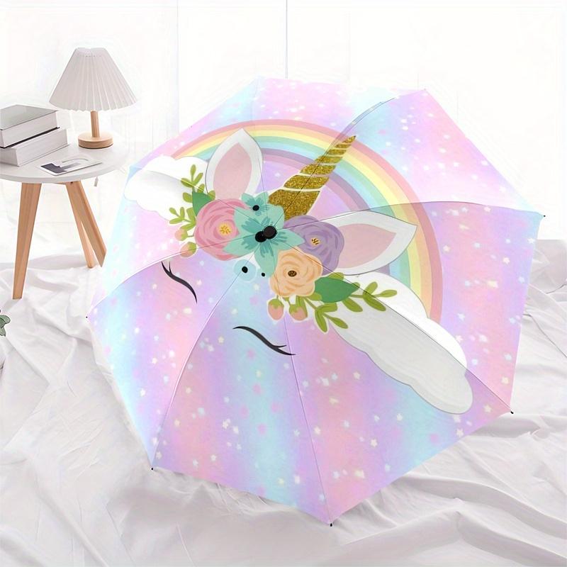 Unicorn,Rainbow Themed Automatic Folding Umbrella 8 Ribs Durable Iron Frame, Vibrant Color Design, Compact Travel Umbrella for Beach, Outdo