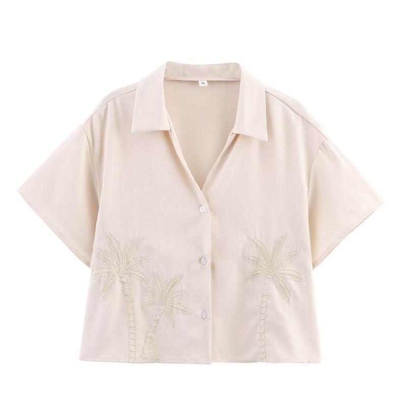 

Kaslead New Women clothes Western Style Fashion Simple and Versatile Coconut Tree Embroidery Shirts Picture Color L