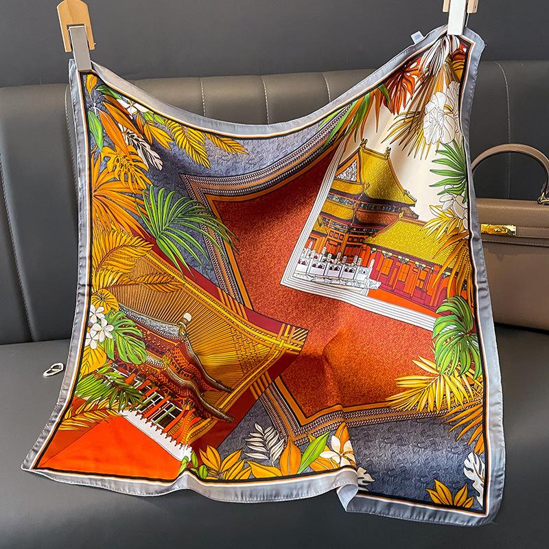 Elegant Purple Flower-Printed Silk Scarf Women Satin Neckerchief Versatile Headwear Bag Clothing And Accessories Square Scarf