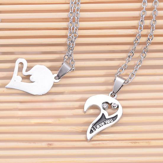 1 Pair Couple Necklace I Love You Rhinestone Inlaid Unisex Heart Shape Pendant Lover Necklace for Anniversary