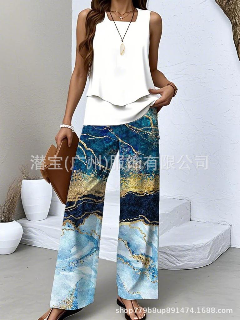 New European and American women's clothing spot explosion sleeveless casual double-layer vest plus pants set two-piece set