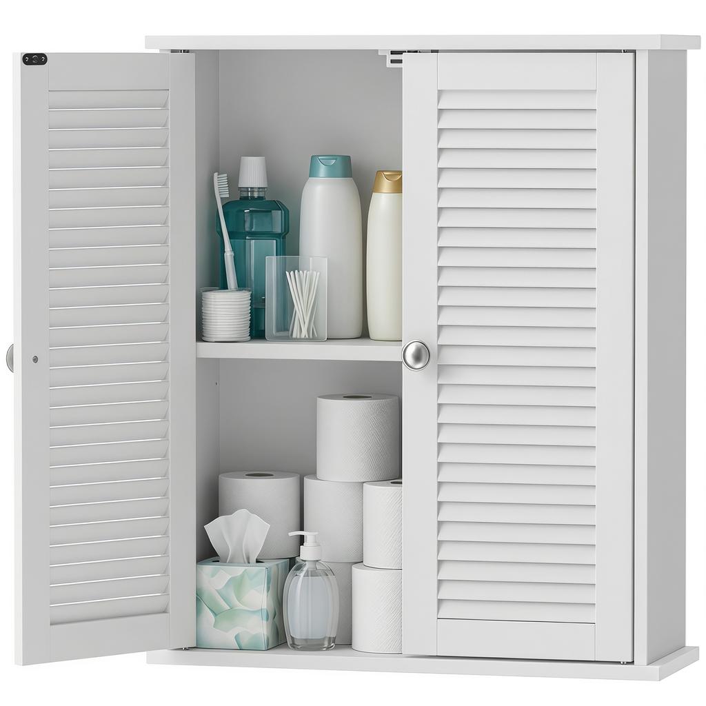 Bathroom Wall Cabinet, Hanging Storage Unit, 2 Louvered Doors, Adjustable Shelf, White